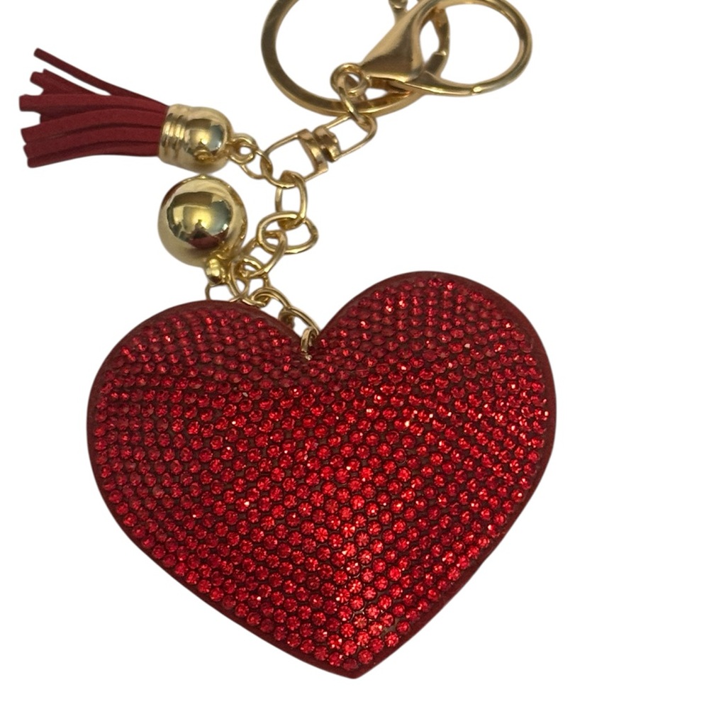 NWOT Red Rhinestone Puffy Heart Keychain / Bag charm with Gold Accents